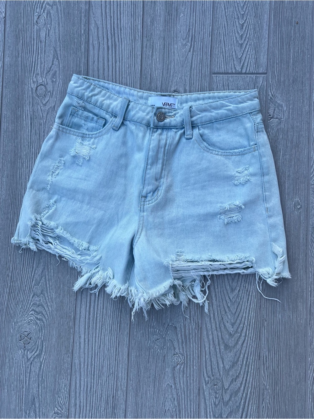 Vervet Light Wash High Rise Heavily Distressed Denim Shorts Size Small